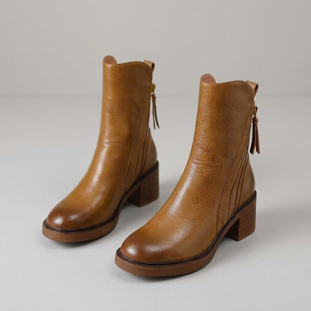 Brown block heel ankle boots with zip, pair view