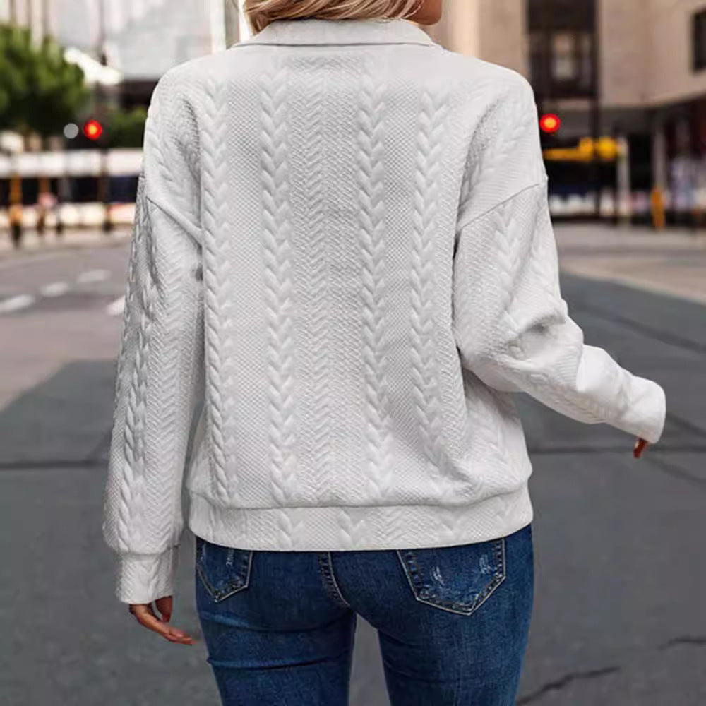 White chevron knit half-zip sweater, back view