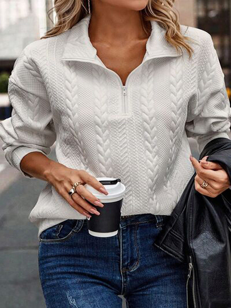 Women's white chevron knit half-zip sweater with collar, front view