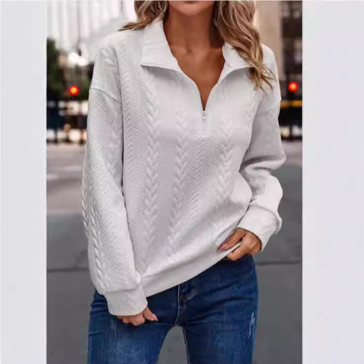 White half-zip sweater with collar and long sleeves, front view