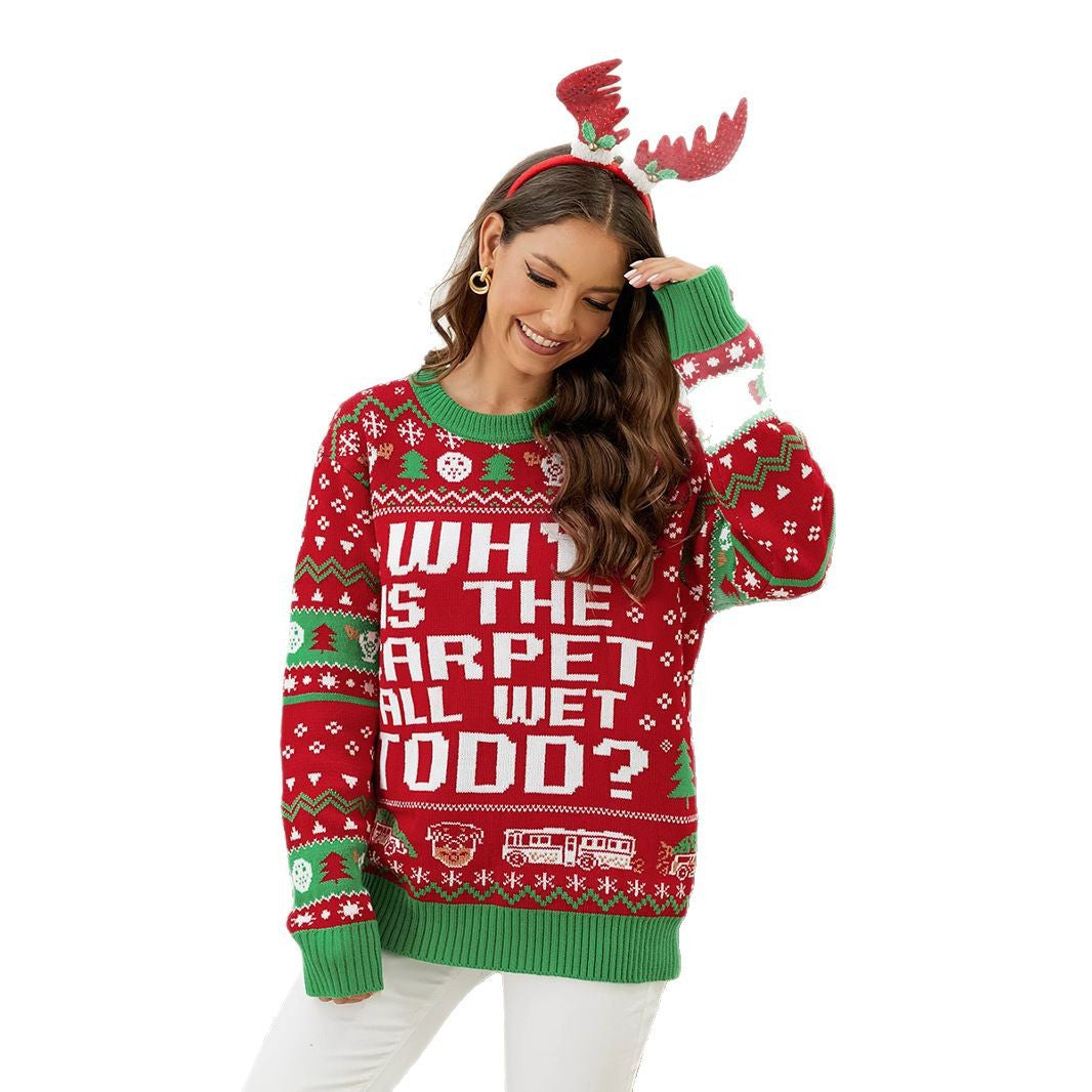 Red Christmas slogan sweater with ribbed cuffs, festive styling