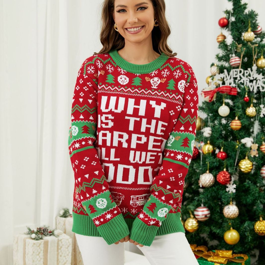 Red Christmas slogan sweater with ribbed crew neck, styled view