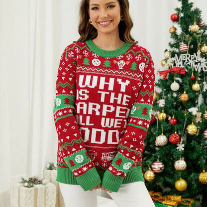 Red Christmas slogan sweater with ribbed crew neck, styled view