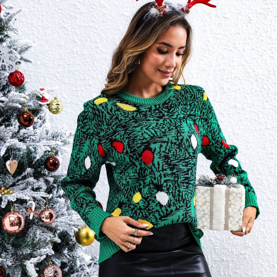 Green Christmas tree knit sweater with ribbed cuffs, festive styling