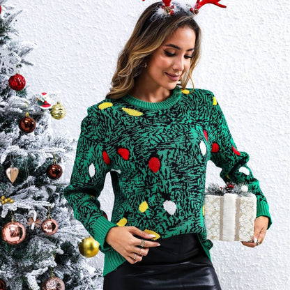 Green Christmas tree knit sweater with ribbed cuffs, festive styling