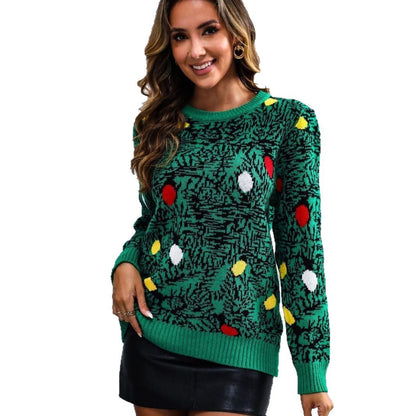 Green Christmas sweater with ribbed hem, front view