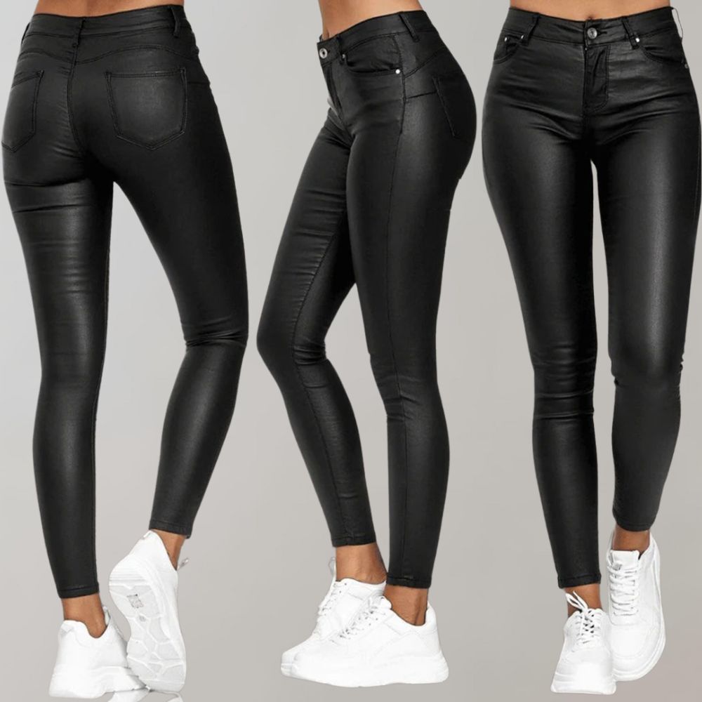 Black coated skinny pants with ankle-length hem, multiple views