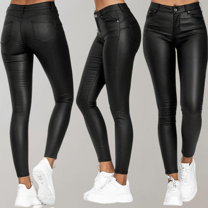 Black coated skinny pants with ankle-length hem, multiple views