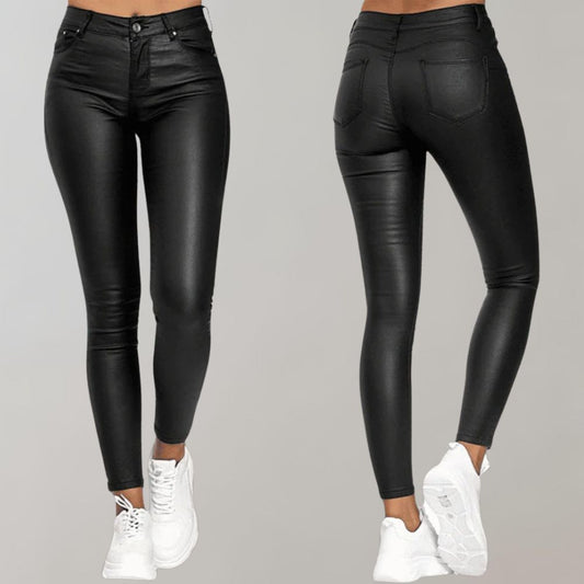 Women's black coated skinny pants with five-pocket styling, front and back view