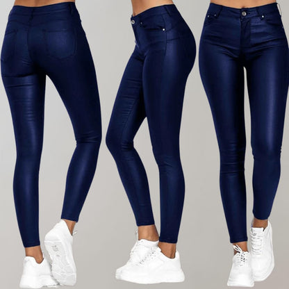 Blue coated skinny pants, multiple views