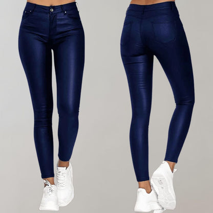 Blue coated skinny pants, front and back view