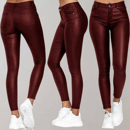 Red coated skinny pants, multiple views