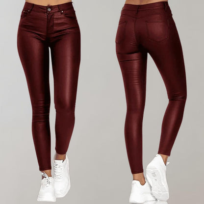 Red coated skinny pants, front and back view