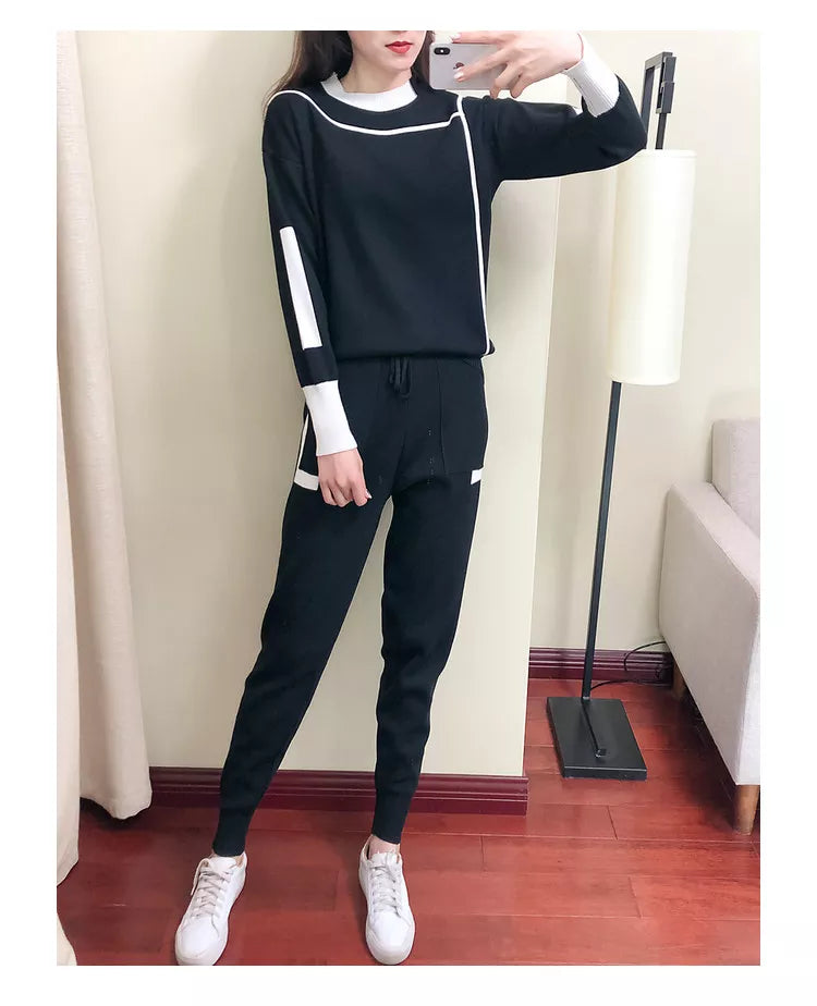 Black colorblock knit tracksuit set, front view