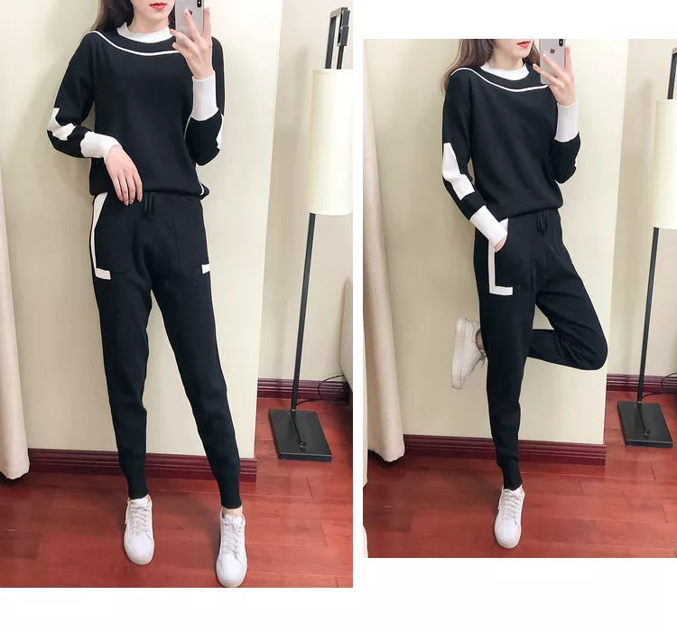 Black colorblock knit tracksuit set, worn views