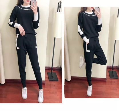 Black colorblock knit tracksuit set, worn views