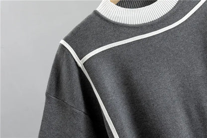 Grey knit sweater ribbed crew neck detail