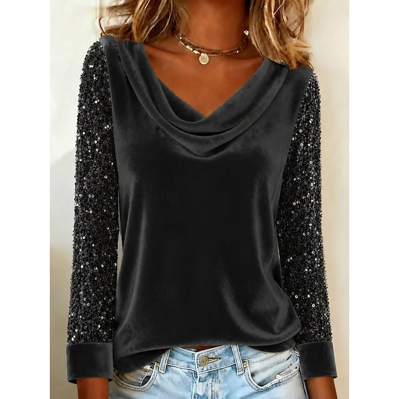 Black cowl neck top with sequin sleeves, front view