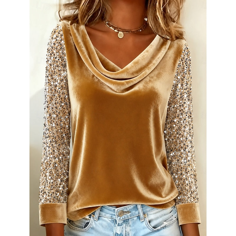 Women's gold cowl neck top with sequin long sleeves, front view