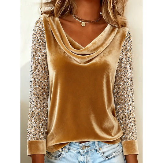 Women's gold cowl neck top with sequin long sleeves, front view