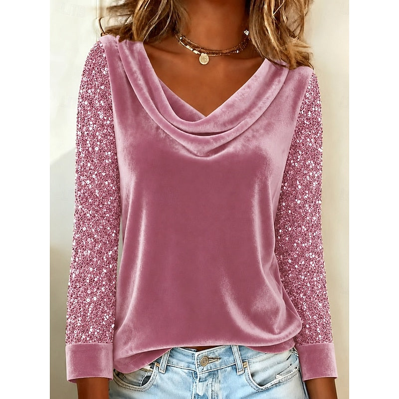 Pink cowl neck top with sequin sleeves, front view