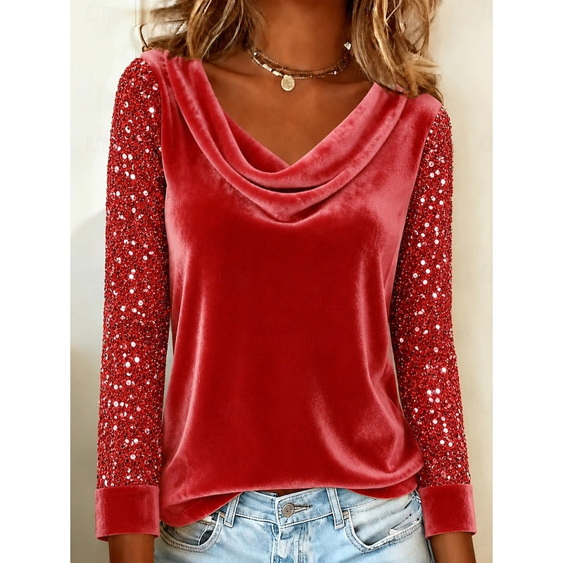 Red cowl neck top with sequin sleeves, front view