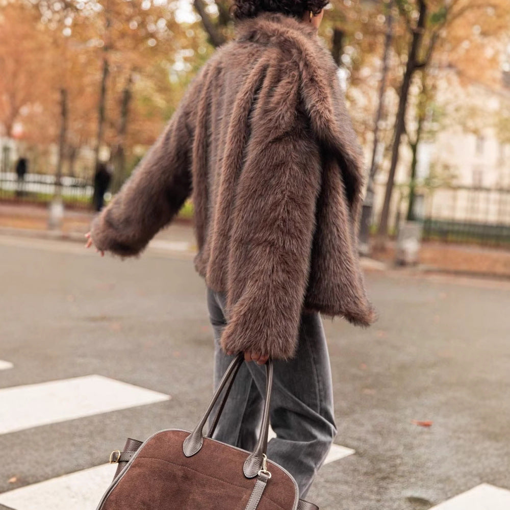 Brown cropped faux fur jacket, back view
