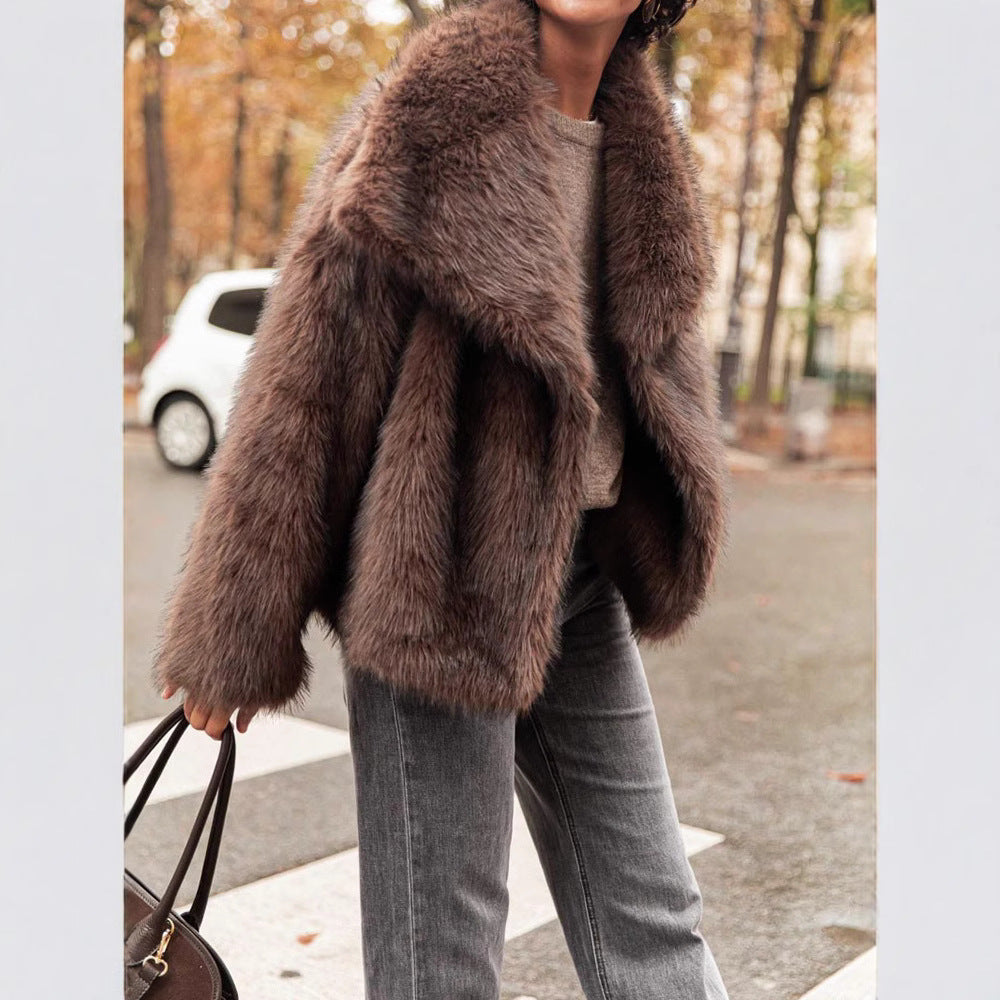 Brown cropped faux fur jacket with oversized collar