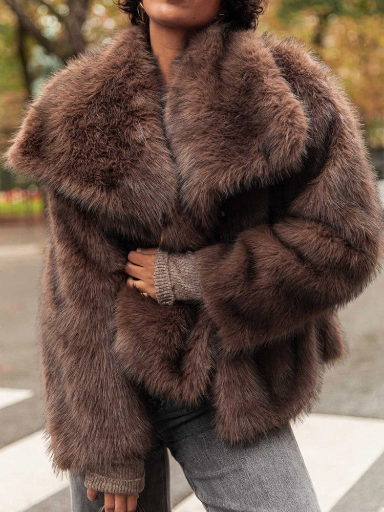 Women's brown cropped faux fur jacket with wide collar, front view