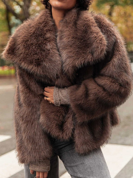Women's brown cropped faux fur jacket with wide collar, front view