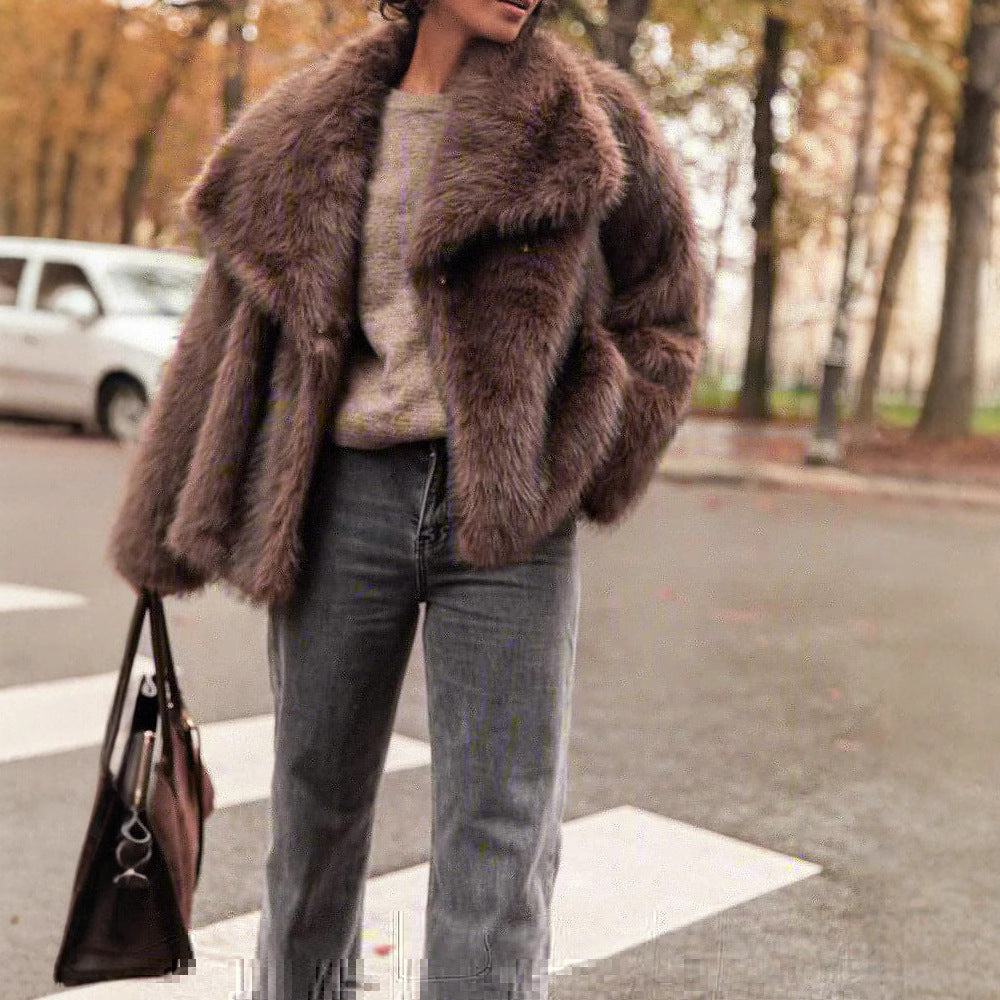 Brown faux fur jacket with relaxed fit, styled view