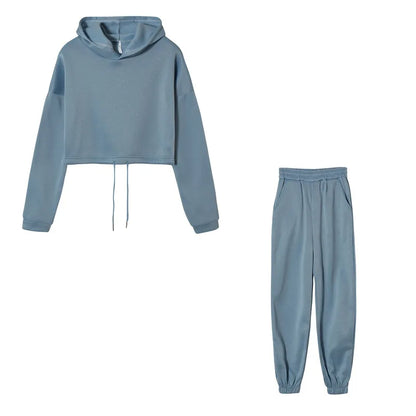 Blue cropped hoodie and joggers set, flat lay