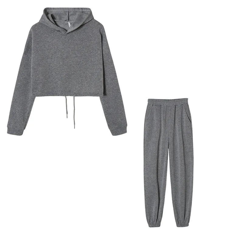 Grey cropped hoodie and joggers set, flat lay