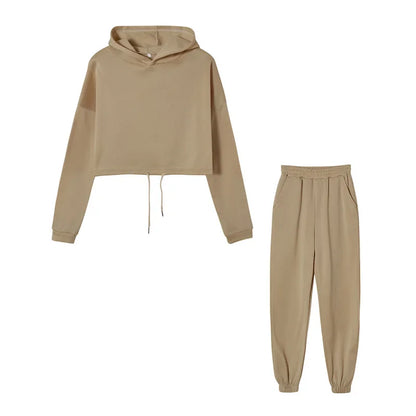 Khaki cropped hoodie and joggers set, flat lay