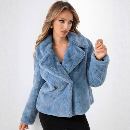 Blue teddy jacket with wide lapel, styled view