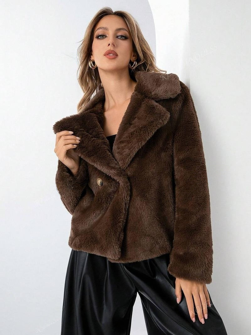 Brown cropped teddy jacket, front view