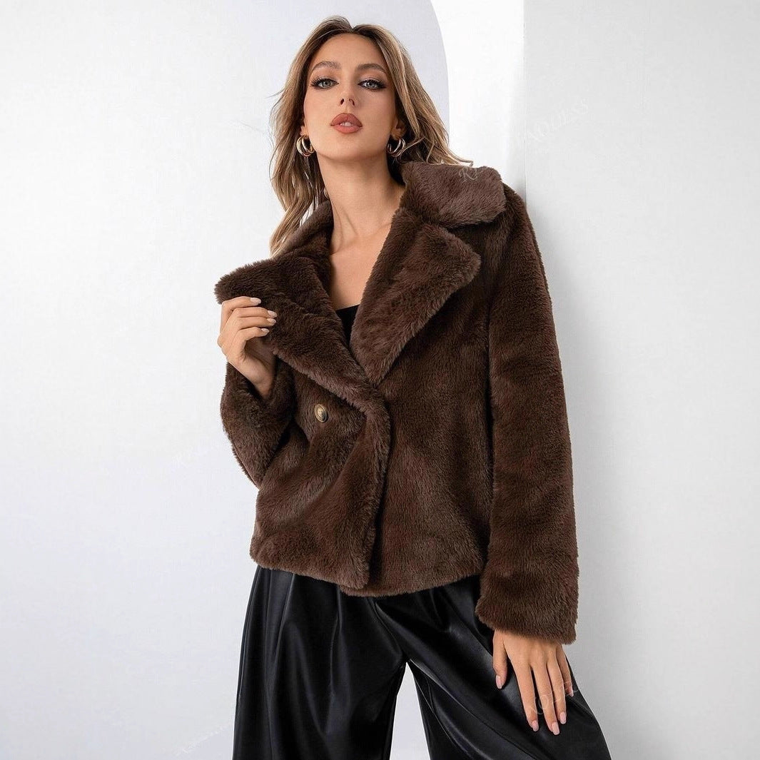 Brown teddy jacket with relaxed fit, styled view