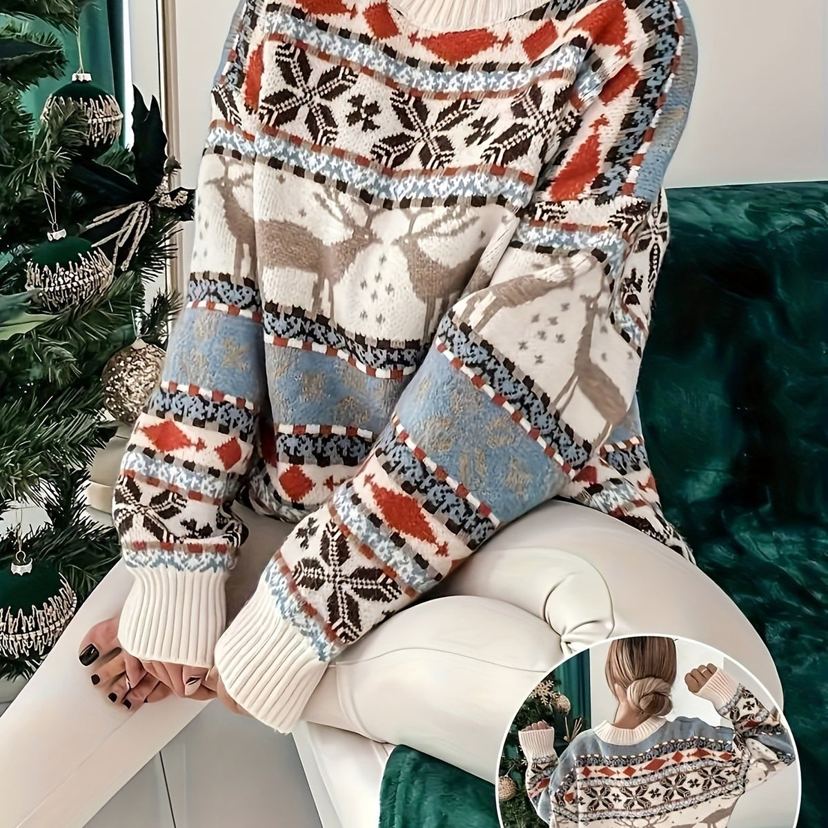 Women's Fair Isle sweater with snowflake and geometric pattern, seated view
