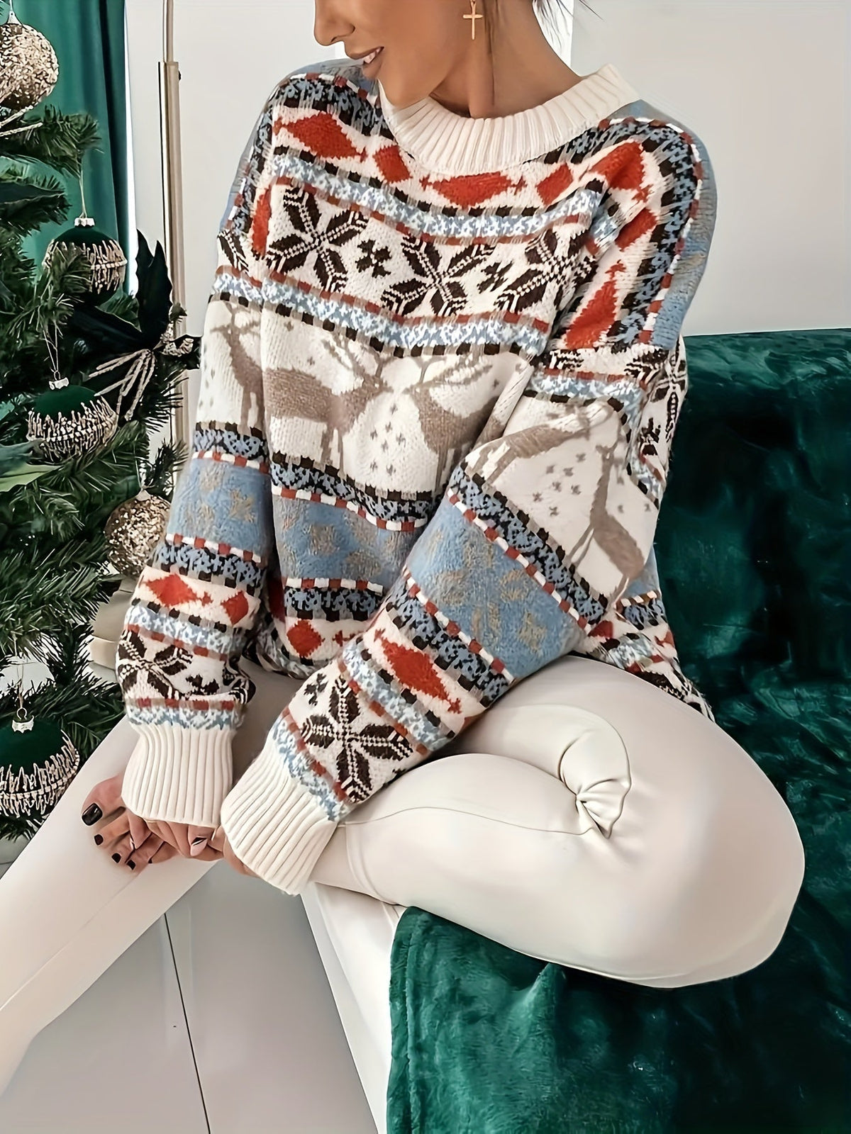 Fair Isle sweater with dropped shoulders, seated view