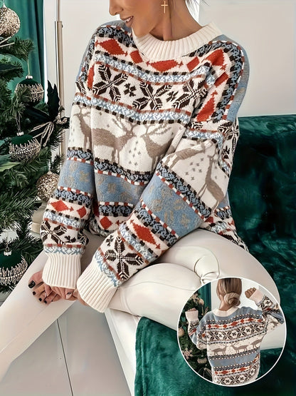 Fair Isle crew neck sweater with ribbed cuffs, styled view
