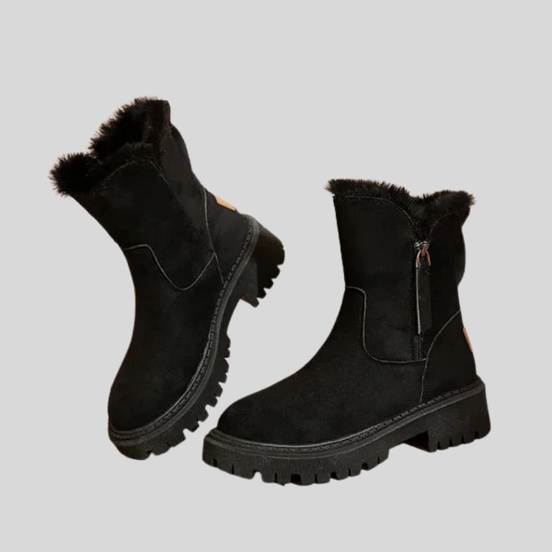 Black faux fur-lined ankle boots with chunky lug sole