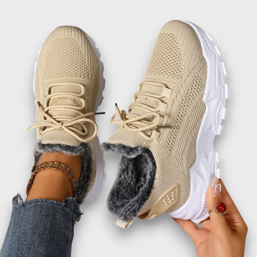 Beige faux fur-lined lace-up winter sneakers