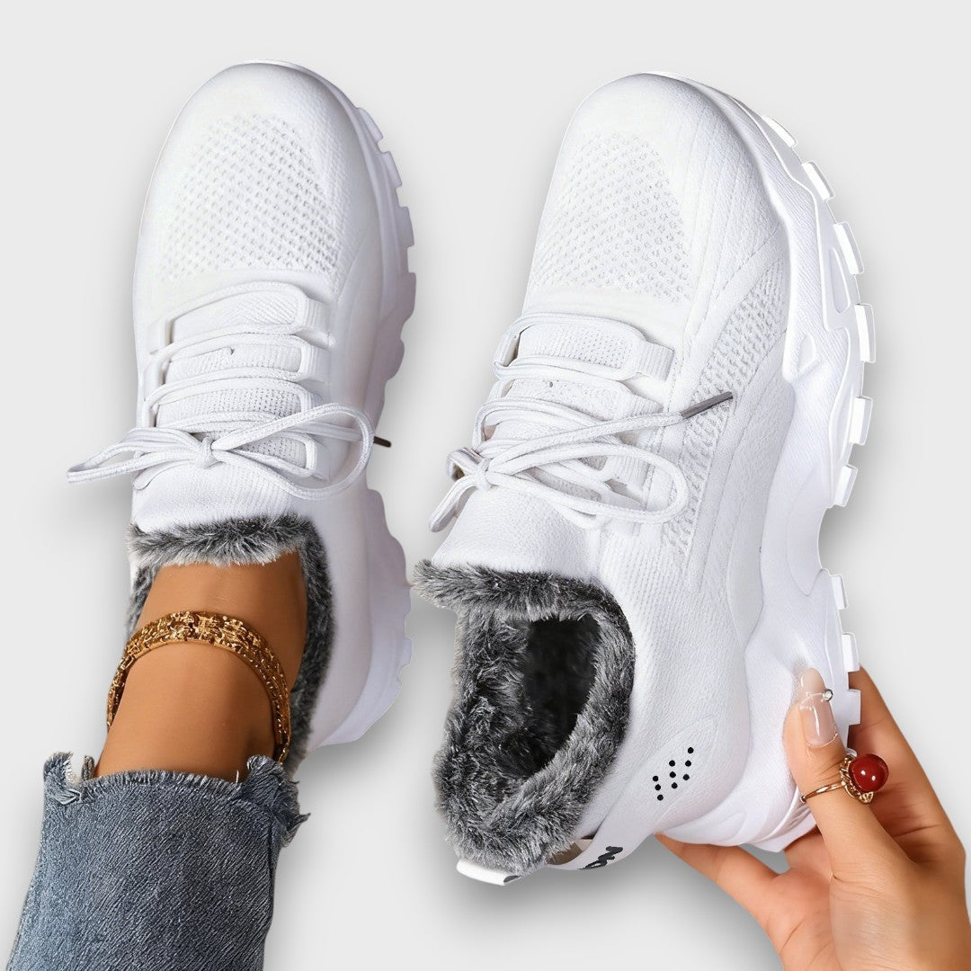White faux fur-lined lace-up winter sneakers