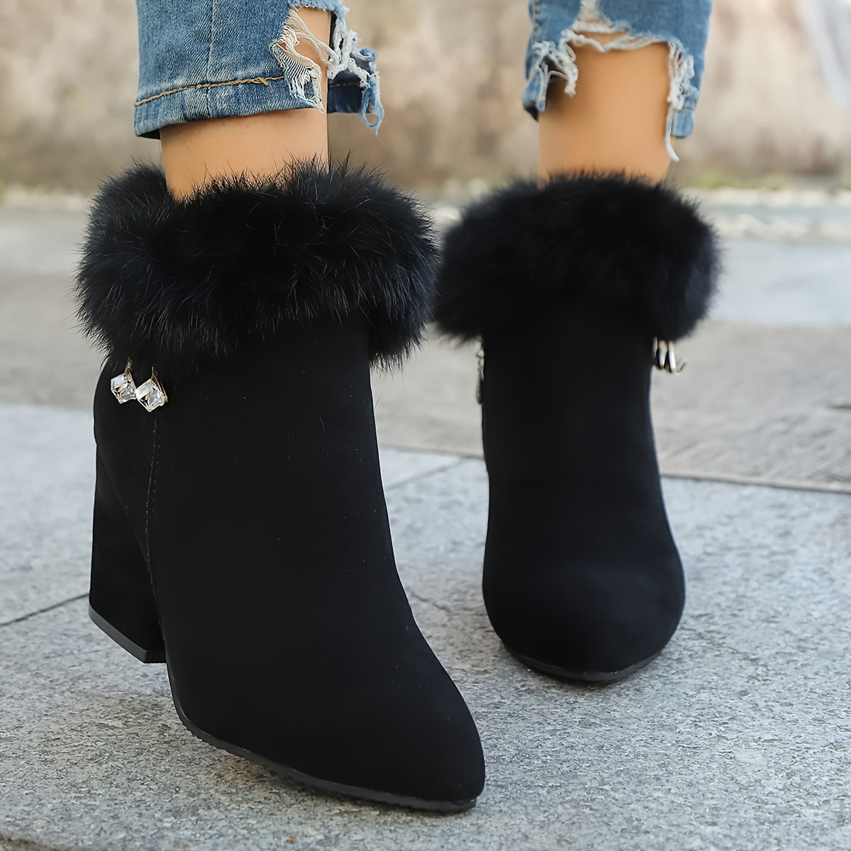 Black block heel ankle boots, angled view