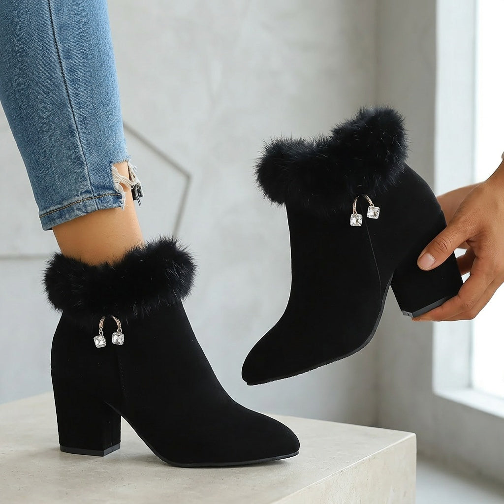 Black faux fur trim ankle boots, detail view