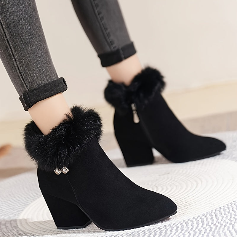 Black faux fur trim ankle boots, pair view
