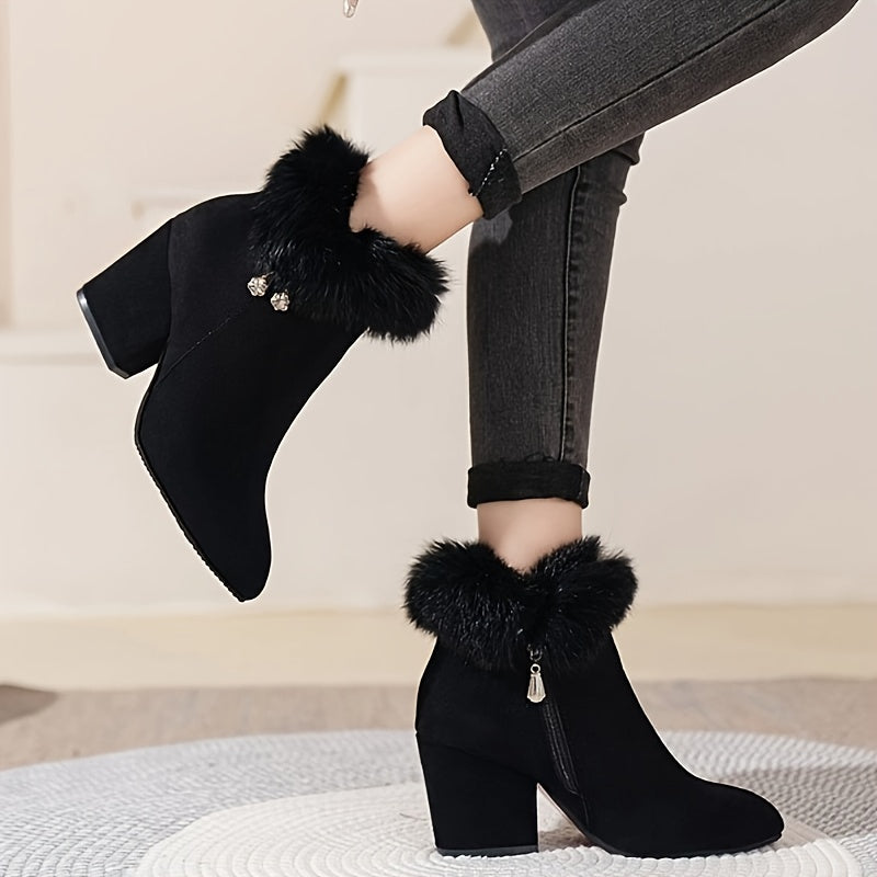 Black block heel ankle boots with faux fur trim, side view