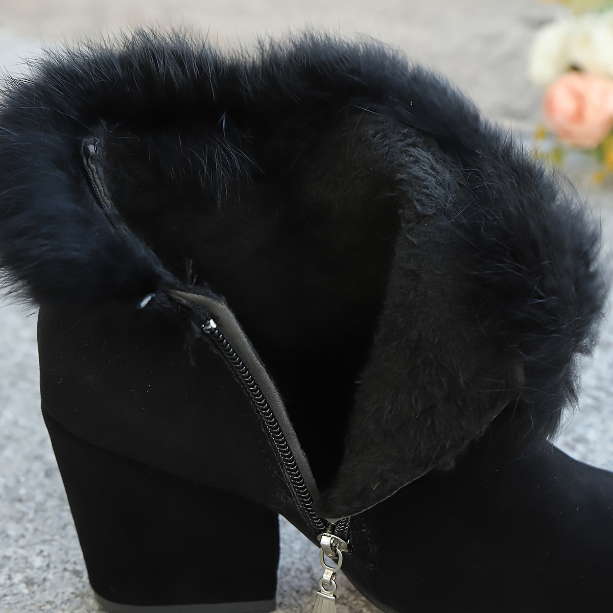 Black ankle boots side zip and faux fur trim detail