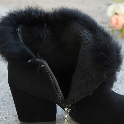 Black ankle boots side zip and faux fur trim detail