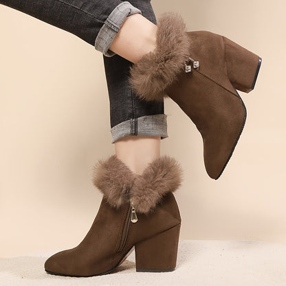 Dark brown ankle boots with faux fur trim and side zip